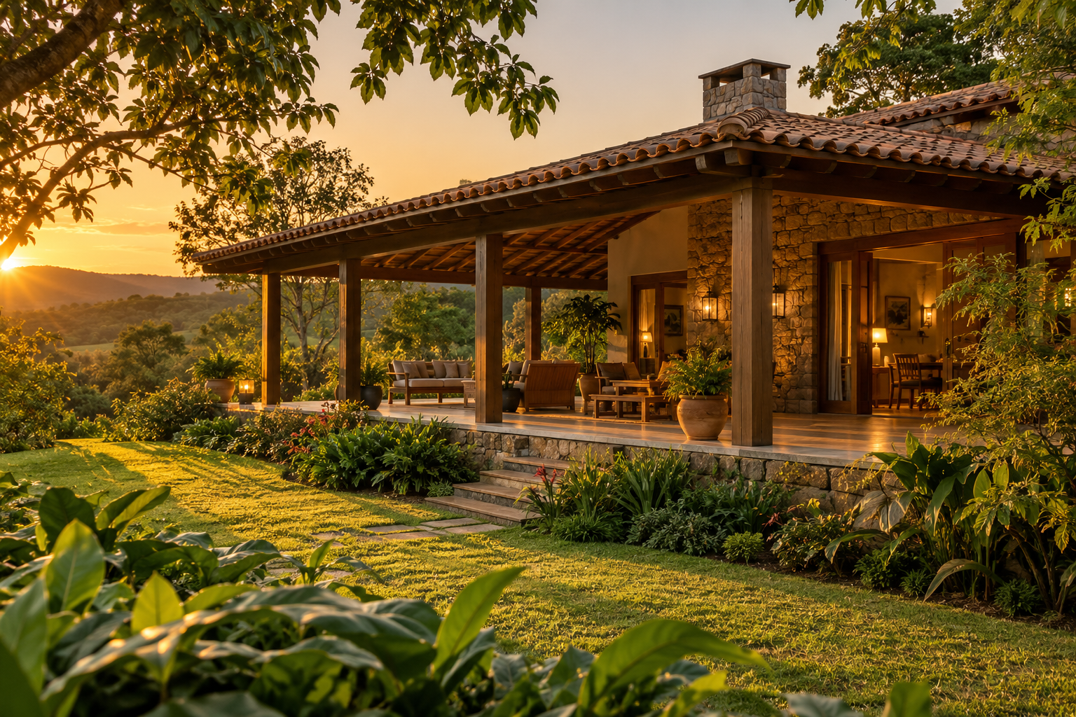 Casa de campo com varanda iluminada